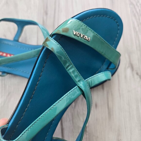 vintage Y2K Prada | teal blue patent leather strappy flat sandals | WMS 6 - Picture 4 of 12